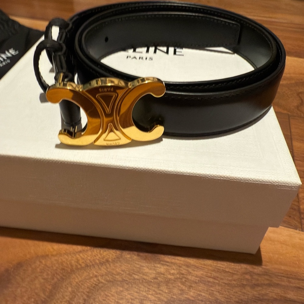 Celine Black Leather Belt with Gold Buckle
